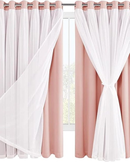 Hiasan Pink Blackout Curtains with Sheer Overlay Extra Wide Thermal Insulated Double Layer Window Curtains for Bedroom Living Room Nursery, 2 Panels with Tiebacks, Blush Pink, 70W X 63L