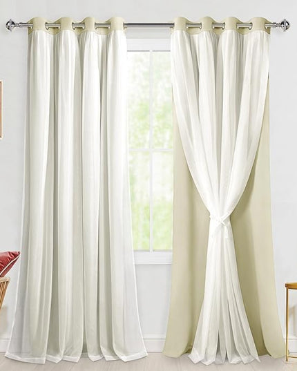 Hiasan Blackout Curtains with White Sheer Overlay, Double Layer Mix & Match Thermal Insulated Grommet Window Curtains for Bedroom, Living Room, 2 Drape Panels with Tiebacks, Light Beige, 52W X 96L