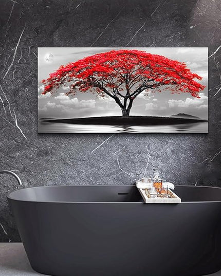 Wapluam Large Canvas Prints Wall Art For Living Room Bedroom Wall Decor Red Tree Landscape Painting Black And White Pictures To Hang Modern Home Decorations For Office Stretched And Framed Artworks