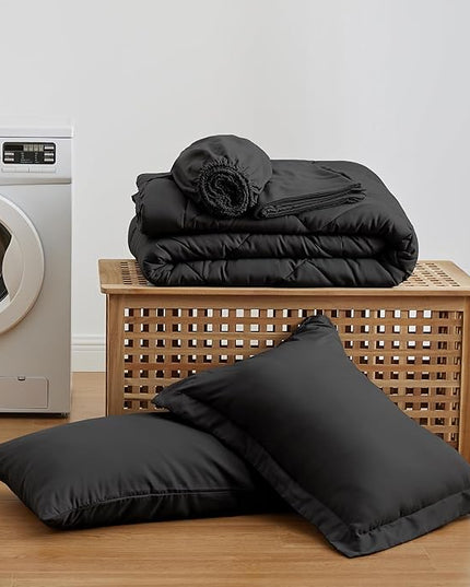 Love's cabin Twin Comforter Set Black, 5 Pieces Twin Bed in a Bag, All Season Bedding Sets with 1 Comforter, 1 Flat Sheet, 1 Fitted Sheet, 1 Pillowcase and 1 Pillow Sham