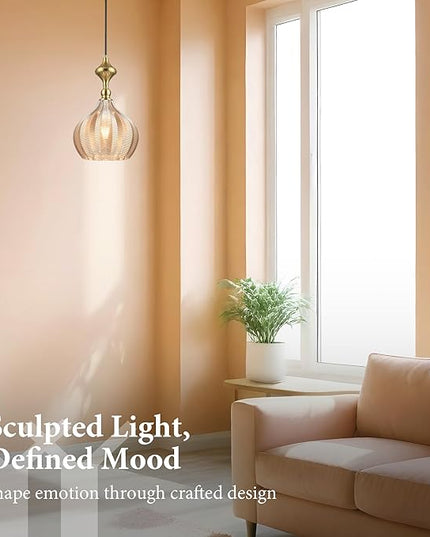 Modern Glass Pendant Light, 9"x15.3" Amber Sunset-Striped Hanging Fixture with Gold Cap, 15"-72" Adjustable Line, E26 Socket for Entryway or Bar Area – Sunset Gold Chalice