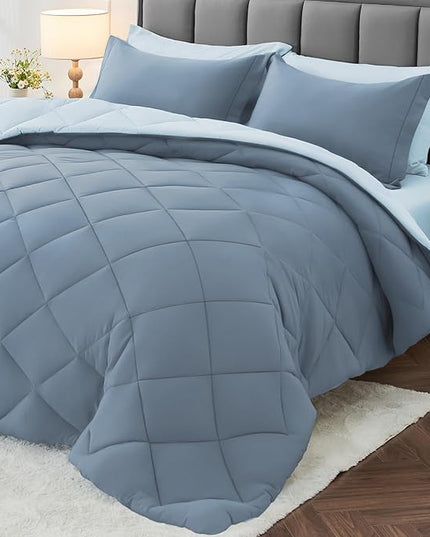 MUXHOMO 7 Pieces California King Comforter Set, Reversible Bed in a Bag Cal King Size, All Season Bedding Set with Comforter, Flat Sheet, Fitted Sheet, Pillowcases & Shams, Mineral Blue & Light Blue