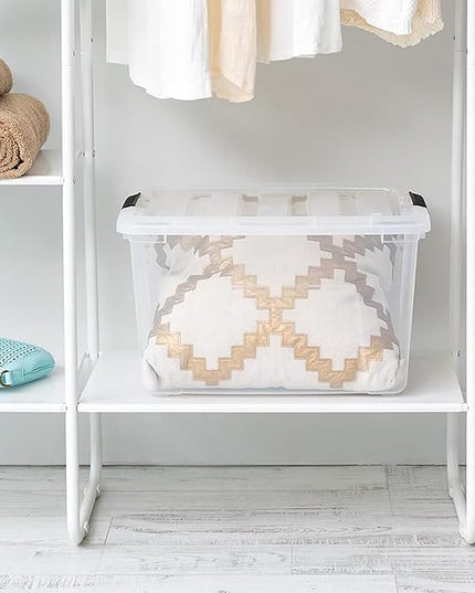 IRIS USA 40 Qt Stackable Plastic Storage Bins with Lids, 4 Pack - BPA-Free, Made in USA - See-Through Organizing Solution, Latches, Durable Nestable Containers, Secure Pull Handle - Clear