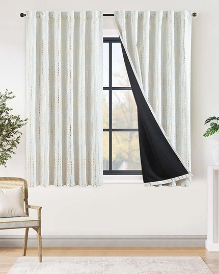 jinchan 95% Blackout Boho Curtains 63 Inch Long for Bedroom Moon Phases Printed Christmas Curtain Festive Holiday Golden on White Drapes Rod Pocket Back Tab Xmas Curtains 2 Panels