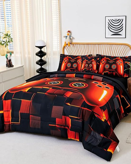 PERFEMET Full Bedding Sets for Boys 6 Pcs Orange Game Kids Bed in A Bag with Sheet Set Lightweight Soft 3D Cool Gaming Bed Set for Teens Bedroom(Orange, Full)