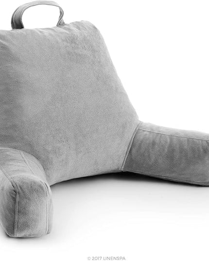 LINENSPA Reading Pillow with Shredded Memory Foam- Back Pillow for Sitting in Bed, Reading, Gaming, Watching TV – Chair Pillow with Arms, Dorm Room Essentials, Stone