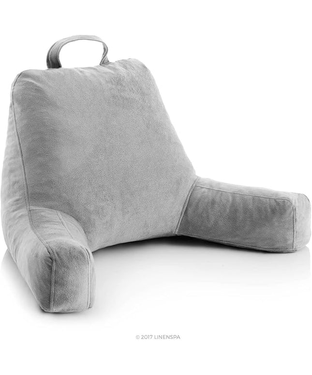 LINENSPA Reading Pillow with Shredded Memory Foam- Back Pillow for Sitting in Bed, Reading, Gaming, Watching TV – Chair Pillow with Arms, Dorm Room Essentials, Stone