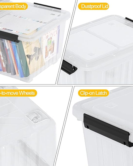 Obstnny 50 L Clear Plastic Storage Bins with Wheels, Large Lidded Organizer Boxes, 4 Pack