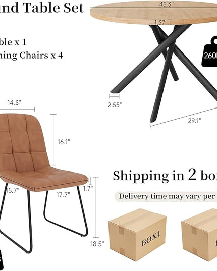 45.3 Inch Round Dining Table Set for 4, Mid Century Modern Small Kitchen Coffee Set for Dining Room Kitchen Apartment (Oak Table + 4 U-Shaped Brown Chairs)
