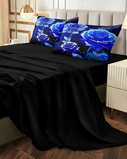 Merryword 8 Pcs Bed in a Bag Blue Rose Comforter Set King Size Rose Flower Bedding Set Romantic Love Valentine Bedding Comforter Set