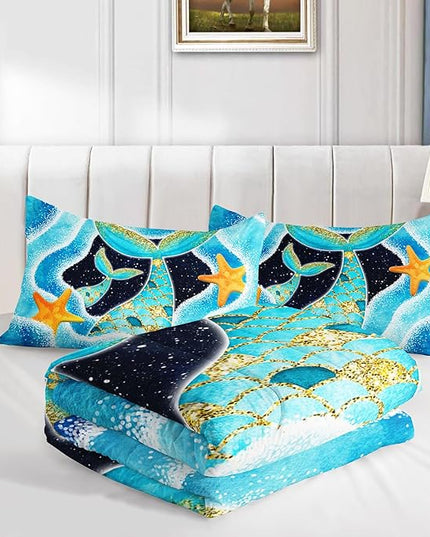 Mermaid Comforter Set Twin Size,3 Piece Mermaid Tail Bedding Set for Girls Kids Blue and Gold Teal Ocean Mermaid Fish Scales Starfish Bedding Quilt Set for Girls Kids Bedroom