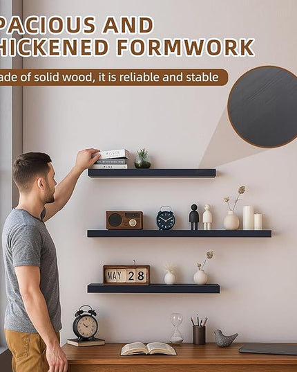 Floating Shelves for Wall, 23.6 inch Long Set of 3 Wood Rustic Wall Mounted Shelves, Display Shelf with Invisible Heavy, Large Deep Shelves for Home Decor & Storage for Living Room, Kitchen