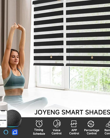 Cordless Motorized Zebra Blinds for Windows Blackout with Remote, Custom Dual Layer Smart Zebra Shades Work with Alexa Google, Automatic Electric Light Filtering Roller Shades, Luxury Black