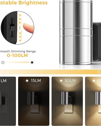 L LOHAS LED Night Light, Night Lights Plug into Wall, 1-Pack, Smooth Silver Glossy Plating Metal-Shade Nightlight, Light Sensor, Soft White 3000K, Dimmable Night Light Plug in for Hallway Bedroom