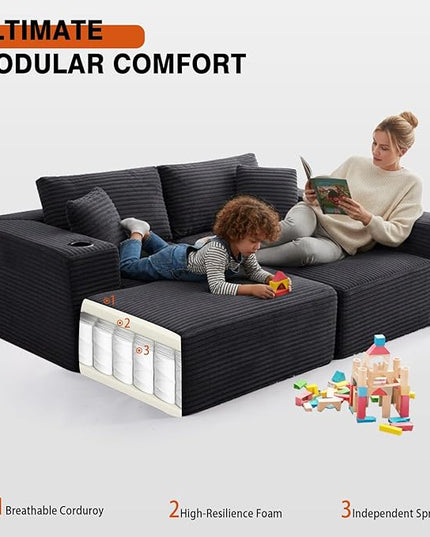 110" Boneless Couch in A Box, Convertible L Shaped Modular Sectional Sofa Set with Deep Seat, Corduroy Cloud Couch Sectional Couches for Living Room, No Assembly Required(3 Seat+ 1 Ottoman,Gray)