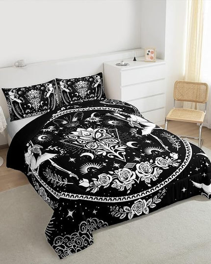 Sun Moon Kids Comforter Set Full Size,Starry Sky Galaxy Trippy Bedding Set,Boys Girls Adults Room Decor,Butterfly Skeleton Rose Flowers Boho Down Comforter,Black White Duvet Insert,2 Pillowcases