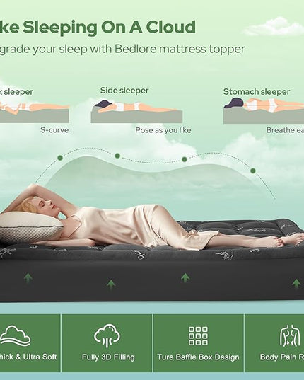 BEDLORE Twin XL Mattress Topper Viscose Derived from Bamboo, Thick Pillow Top Mattress Pad with Deep Pockets for 6-15 inches Mattress, Soft Mattress Topper College Dorm Size for Back Pain(Dark Gray)