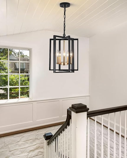 Black and Gold Modern Farmhouse Chandeliers for Dining Room, 5-Light Pendant Light Fixture Adjustable Industrical Entryway Light Fixture Hanging Chandelier for Kitchen Island Entryway Hallway Foyer