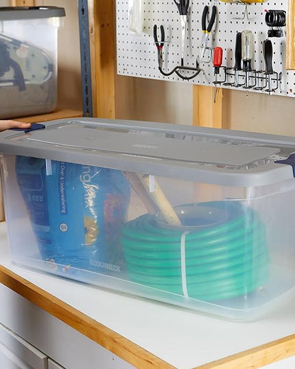 Rubbermaid Roughneck Clear 95 Qt/23.75 Gal Storage Containers, Pack of 4 with Latching Grey Lids, Visible Base, Sturdy and Stackable, Great for Storage and Organization