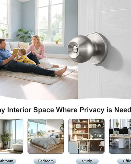 KNOBWELL Brushed Nickel Door Knob for Bedroom Bathroom, Interior Door Knobs with Round Ball Knob, Keyless Privacy Door Knob with Lock, Satin Nickel Indoor Door Knob, 12 Pack