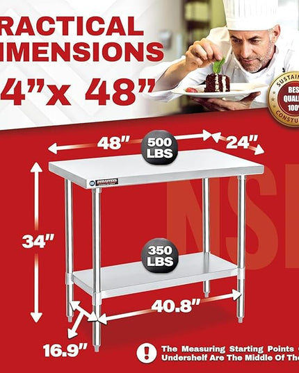 DuraSteel 24x48 Stainless Steel Work Table - NSF Commercial Prep Metal Table - Outdoor Pizza Oven Stand w/Under Shelf - Kitchen Island Laundry Utility Garage Microwave Stand Large Rolling Storage Cart