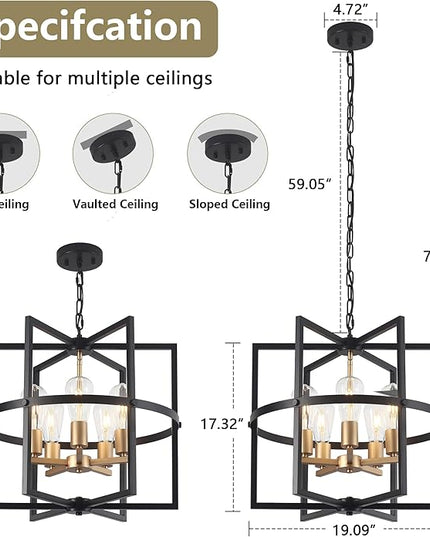 19'' Black and Gold Chandeliers for Dining Room, 5-Light Modern Farmhouse Industrical Pendant Light Fixture Rustic Geometric Hanging Chandelier for Kitchen Island Entryway Hallway Foyer