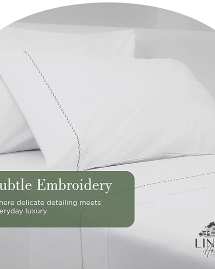 Linen Home 100% Cotton Percale Moon Scallop Hem Pillowcases King Size, Olive Green, 2 Pieces of Pillow Case, Crisp and Cool Strong Bed Linen, 20 inches X 40 inches