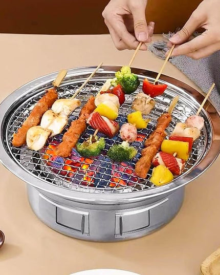 Portable Korean Style Stainless-Steel Barbecue Grill, Charcoal BBQ Round Grill Stove for Outdoor Camping, Picnicking & Parties 1~4 People, 13.8" DIA