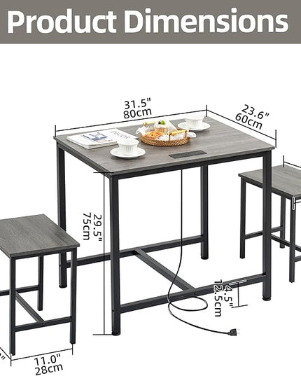 Finnhomy 3-Piece Dining Table Set, Small Kitchen Table with 2 Chairs, LED Light and USB Type-C Power Outlet, Space-Saving Design for Dining Room, Living Room, Apartment, Grey+Black