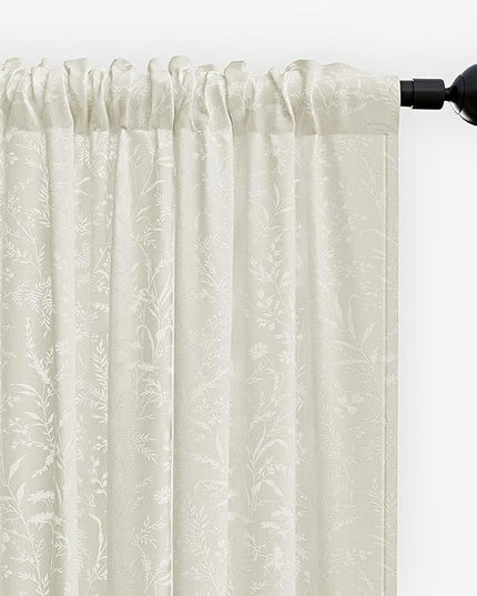 Anmao Beige Semi Sheer Light Filtering Curtains 90 Inches Long 2 Panels, Leaf Pattern Drapes for Living Room Bedroom, Rod Pocket Sheer Window Treatments with Floral Design, 52x90 Inch