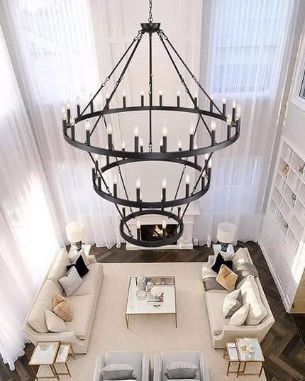 53" W Extra Large Black Wagon Wheel Chandelier, 3 Tier 48-Light Farmhouse Pendant Light Fixture for High Ceilings, Industrial Round Chandeliers for Dining Room Stairs Entryway Foyer, E12