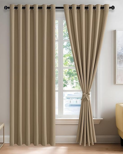 JIUZHEN Blackout Curtains with Tiebacks - Thermal Insulated, Light Blocking and Noise Reducing Grommet Curtains for Bedroom and Living Room, Set of 2 Window Curtain Panels, 70 x 84 Inch Length，Camel