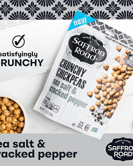 Saffron Road Roasted Sea Salt & Cracked Pepper Crunchy Chickpeas | High-Protein, Vegan, Gluten-Free, Non-GMO, Halal & Kosher Certified Snack | 5.4 oz Resealable Pouch | Pack of 6