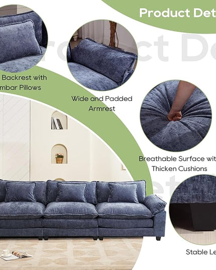 120" Modular Sectional Sofa, Comfy Cloud Couch Sectional, Chenille Sofa Sleeper Deep Seat Sofa with Throw Pillows for Living Room (Blue, 120"- 3 Seater)