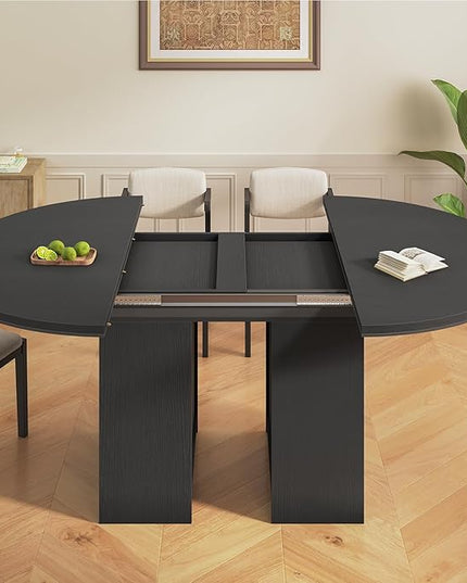 59'' Extendable Dining Table for 4-8, Round Kitchen Room Table with 3-Tier Storage Racks, Adjustable Shelves, Wooden Pedestal Base, for Kitchen, Dinner, Living Room, Office, Black