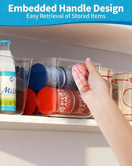 Clear Plastic Storage Bins, 4 Pack Pantry Organizers & Storage Containers, Cabinet Organizer, Home Organization Must Haves for Kitchen, Laundry Room, Office, Closet & Freezer