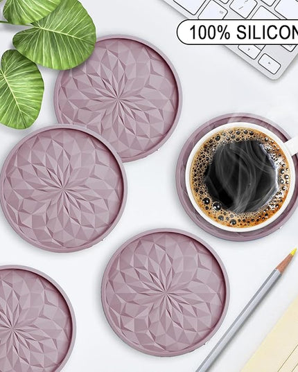ME.FAN Silicone Coasters with Holder,[6 Pack] Drinking Coasters - Cup Mat for Hot or Cold Drinks, Thickened, Non-Slip, Non-stick,Deep Tray Pale Mauve