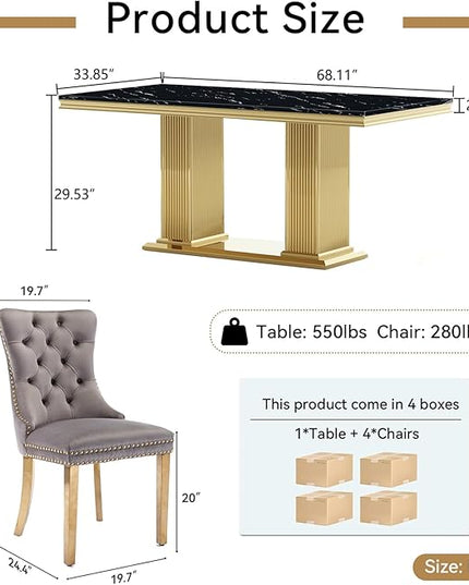 HomVent 68.11'' Faux Marble Dining Table Set for 4, Modern Rectangle Kitchen Table Set with Faux Marble Table Top & Stainless Steel Base for Kitchen Dining Room