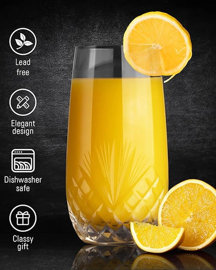 SHOSHIN Hand Cut Highball Glasses Crystal (Set of 4, 17Oz) - Elegant Water Juice Drinking Glasses, Everyday Beverage Glasses, Large Collins Glasses Perfect for Restaurant, Kitchen, Bar