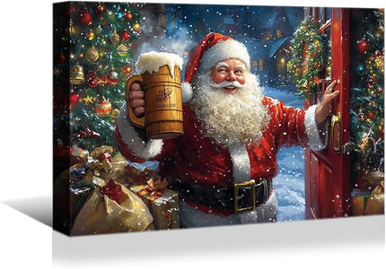 YONICA Christmas Wall Decor Santa Canvas Wall Art Home Decorations 18x12 Inches - Santa Pictures Santa Claus Drinks Beer to Celebrate Christmas Pine Tree Prints Winter Painting Xmas Artworks