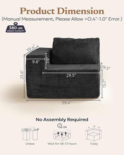 40" Modular Sectional Sofa, Upholstered Floor Sofa Couch with Pillow, Bean Bag Chair for Bedroom Living Room, No Assembly Required (Plush Corduroy Fabric, Black)