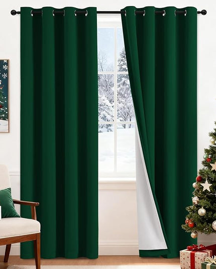 Yakamok 100% Blackout Curtains Dark Green Room Darkening Thermal Insulated with 2 Thick Layers-Hunter Green Window Drapes Set of 2 Panels for Bedroom Living Room 52 Inches by 84 Inches Length