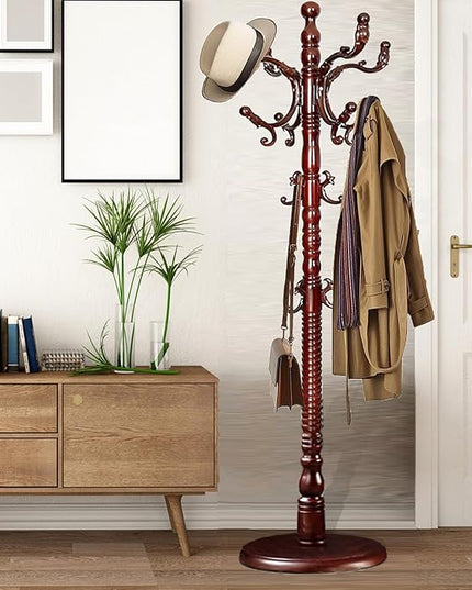 Coat Racks Free Standing with 14 Hooks, Natural Wood Coat Stands for Entryway, Adjustable Height 73 in Tree Coat Rack Stand for Hallway Home Office Bedroom (Mahogany)