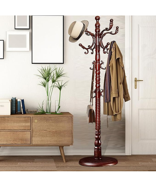 Coat Racks Free Standing with 14 Hooks, Natural Wood Coat Stands for Entryway, Adjustable Height 73 in Tree Coat Rack Stand for Hallway Home Office Bedroom (Mahogany)