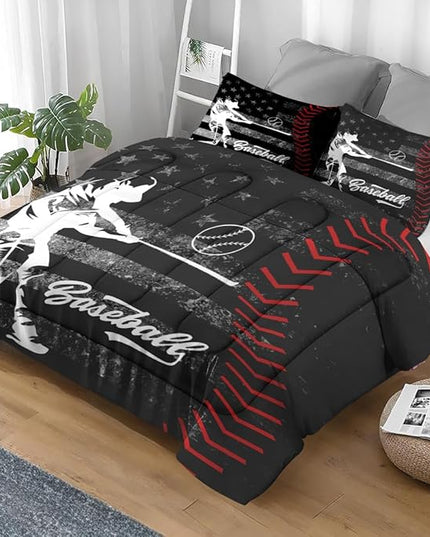 Comforter Set King Size, Baseball American Flag Soft 3 Pcs Bedding for Kids and Adults America Athlete Sport Comforter Set with 2 Pillowcases for Bedroom Bed Decor