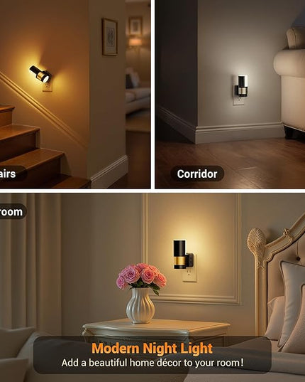 JandCase Plug in Night Light, Rotating Night Light with 3 Colors, 3000K/5000K/Amber, Dimmable Night Lights with Dusk to Dawn Sensor, 360°Rotatable, LED Nightlight for Bathroom Bedroom Hallway, 2 Pack