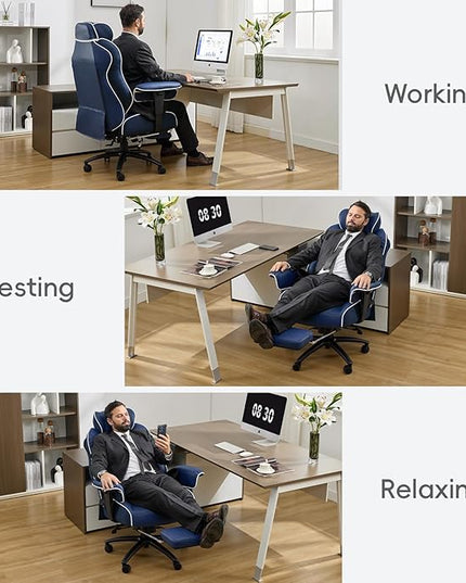 DJ·Wang Big and Tall Office Chair with Foot Rest, High Back Executive Office Chair PU Leather, Ergonomic Chairs with Lumbar Support, 135° Reclining Chairs with Thickened Spring Cushion Blue