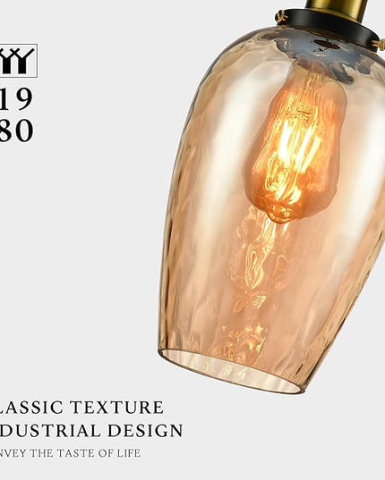 Modern Glass Pendant Light, 6"x9.2" Amber Ribbed Oval Light Fixture with Gold Cap, 15"-72" Adjustable Cord, E26 Socket for Kitchen or Hallway – Sunrise Glow Oval