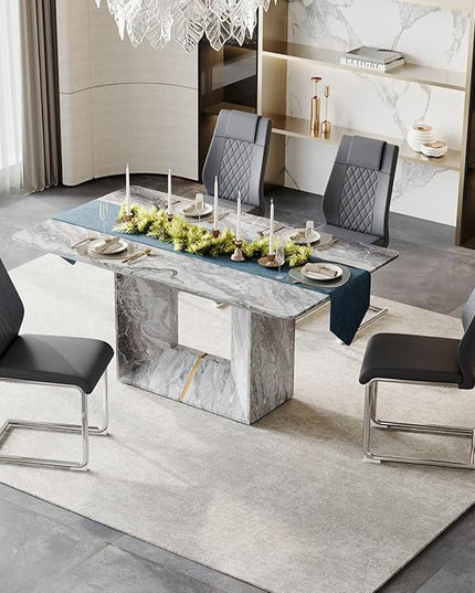 Dinner Table Set for 4, 5 Piece Dining Table Set with Chairs, 63" Faux Marble Modern Table with 4 PU Leather Upholstered Chairs, for Kitchen & Dining Room