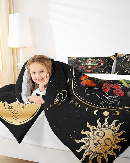 Mushroom Kids Comforter Set Twin Size,Sun Moon Starry Sky Galaxy Romantic Bedding Set,Girls Boys Adults Bedroom Decor,Butterfly Snake Boho Trippy Down Comforter,Colorful Duvet Insert,1 Pillowcase